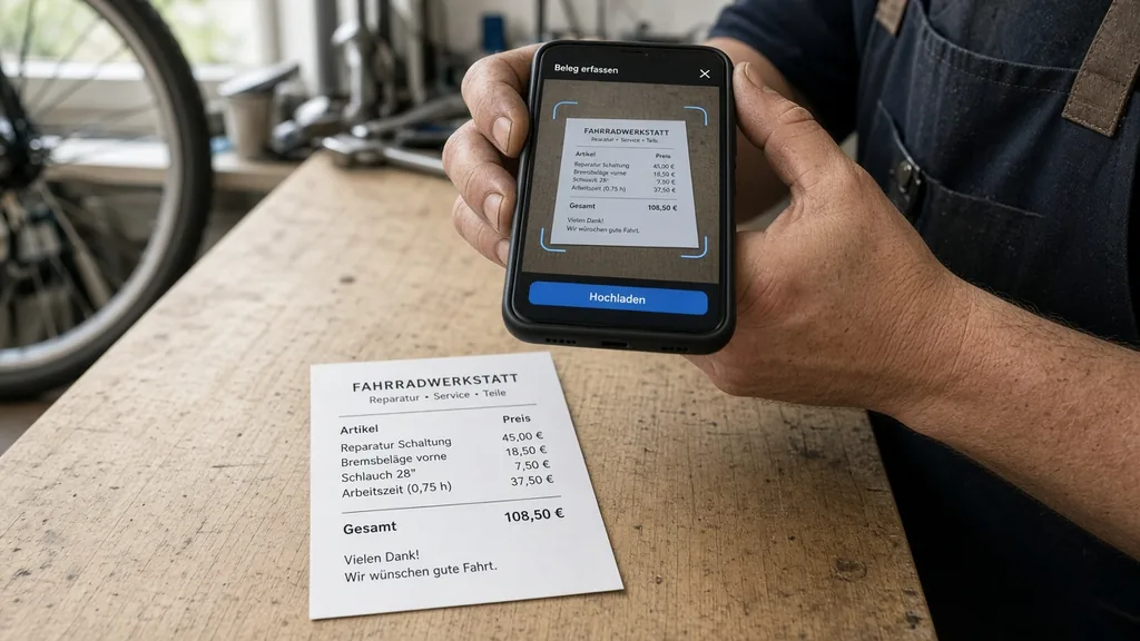 Smartphone fotografiert einen Beleg auf der Werkbank und lädt ihn in Klar123 hoch
