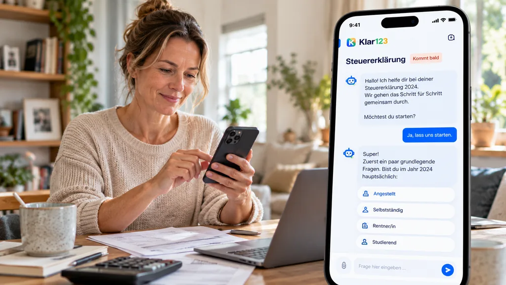 Frau beantwortet auf dem Smartphone Fragen zu ihrer Steuererklärung im Klar123 Dialog