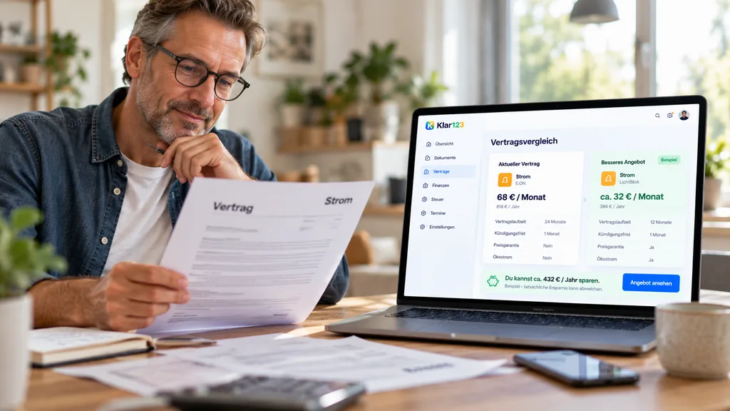 Mann liest seinen Stromvertrag und vergleicht ihn am Laptop mit einem günstigeren Angebot